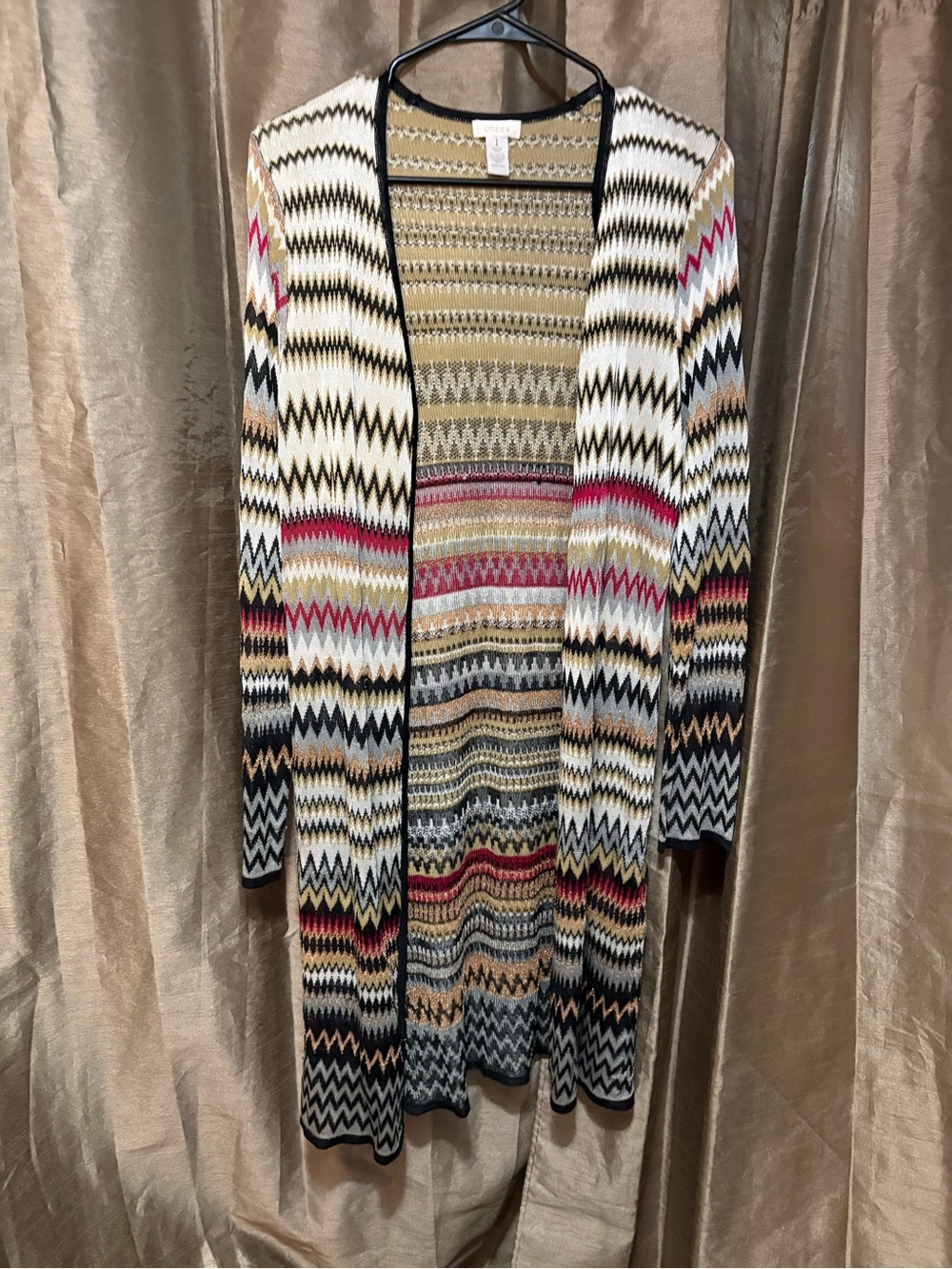 Chico's Long Multicolor Zigzag Cardigan - Cream, Black & Pink